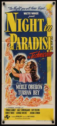 2j512 NIGHT IN PARADISE Aust daybill '45 Merle Oberon, Turhan Bey, the night you will never forget