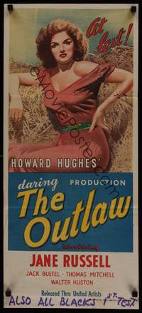 2j521 OUTLAW Aust daybill '47 stone litho artwork of sexy Jane Russell, Howard Hughes!