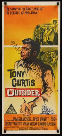 2j522 OUTSIDER Aust daybill '62 close up art of Tony Curtis as Ira Hayes of Iwo Jima fame!