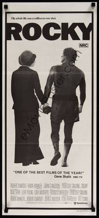 2j536 ROCKY Aust daybill '77 Sylvester Stallone holding hands with Talia Shire, boxing classic