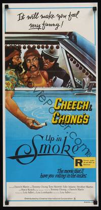 2j561 UP IN SMOKE Aust daybill '78 Cheech & Chong marijuana drug classic, great Scakisbrick art!