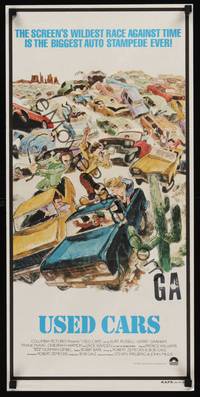 2j563 USED CARS Aust daybill '80 Robert Zemeckis, wacky car race art by Kossin!