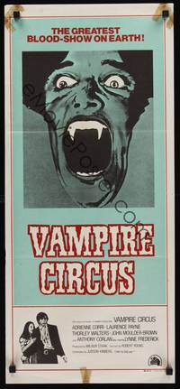 2j564 VAMPIRE CIRCUS Aust daybill '72 wild image of huge mouth, greatest blood-show on Earth!