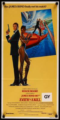 2j565 VIEW TO A KILL Aust daybill '85 art of Moore as Bond 007 & smoking Grace Jones by Gouzee!