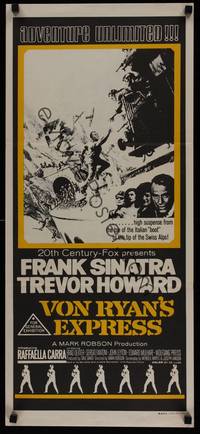 2j566 VON RYAN'S EXPRESS Aust daybill '65 art of Frank Sinatra chasing train while being shot at!