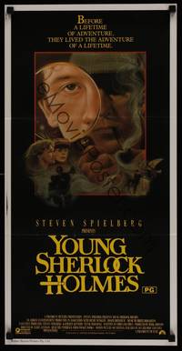 2j580 YOUNG SHERLOCK HOLMES Aust daybill '85 Steven Spielberg, Nicholas Rowe, cool detective art!