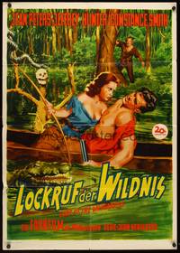 2j740 LURE OF THE WILDERNESS German '52 art of sexy Jean Peters & wounded Jeff Hunter in swamp!