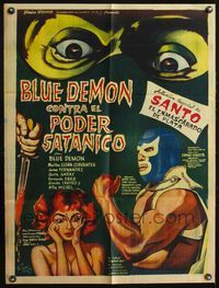 2j069 BLUE DEMON CONTRA EL PODER SATANICO Mexican poster '66 masked luchador wrestler, sexy girl!
