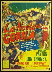 2j070 BRIDE OF THE GORILLA Mexican poster '51 wild artwork of Barbara Payton & huge ape!