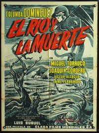 2j081 EL RIO Y LA MUERTE Mexican poster '54 Luis Bunuel, cool artwork of death & deadly river!