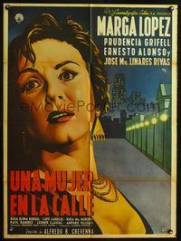 2j113 UNA MUJER EN LA CALLE Mexican poster '55 super close up art of scared Marga Lopez!