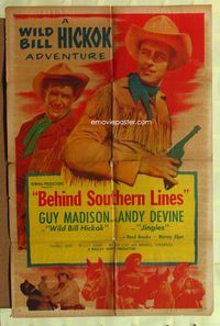 2m075 WILD BILL HICKOK stock 1sh '52 Guy Madison as Wild Bill Hickok, Andy Devine, Behind Southern Lines!