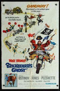 2m094 BLACKBEARD'S GHOST 1sh '68 Walt Disney, artwork of wacky pirate Peter Ustinov on motorcycle!