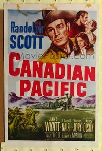 2m138 CANADIAN PACIFIC 1sh R54 cowboy Randolph Scott, Jane Wyatt, cool art of Indian attack!