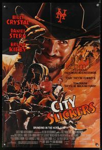 2m176 CITY SLICKERS advance 1sh '91 great artwork of cowboys Billy Crystal & Daniel Stern!