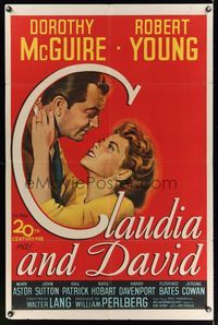 2m179 CLAUDIA & DAVID 1sh '48 romantic close up of Dorothy McGuire kissed by Robert Young!