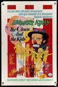 2m183 CLOWN & THE KIDS 1sh '68 great art of Emmett Kelly in make up w/kids!