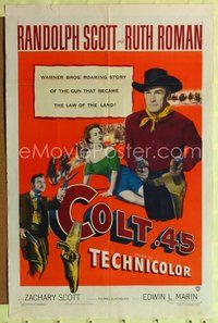 2m188 COLT .45 1sh '50 great image of Randolph Scott pointing two guns by sexy Ruth Roman!