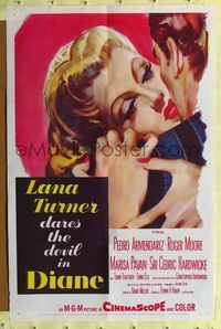 2m267 DIANE 1sh '56 sexy Lana Turner dares the devil, great close up romantic artwork!