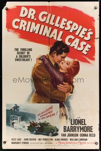 2m283 DR. GILLESPIE'S CRIMINAL CASE 1sh '43 art of soldier Michael Duane romancing Donna Reed!