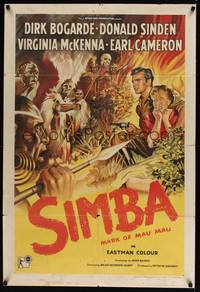 2m727 SIMBA English 1sh '55 Dirk Bogarde, Donald Sinden, Mark of Mau Mau, fiery art!