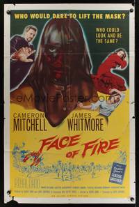 2m323 FACE OF FIRE 1sh '59 Albert Band, wild horror art, would you dare lift the mask?