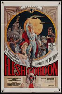 2m347 FLESH GORDON 1sh '74 sexy sci-fi spoof, wacky erotic super hero art by George Barr!