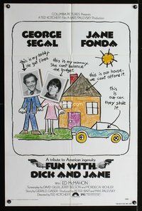 2m360 FUN WITH DICK & JANE 1sh '77 George Segal, Jane Fonda, great child's drawing poster art!