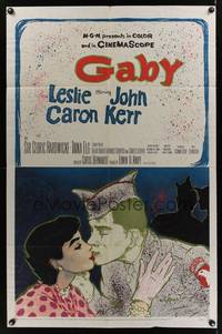 2m365 GABY 1sh '56 wonderful close up art of soldier John Kerr kissing Leslie Caron!