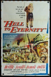 2m433 HELL TO ETERNITY 1sh '60 art of WWII soldier Jeffrey Hunter in battle & with Patricia Owens!
