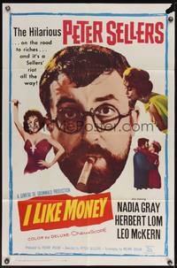 2m582 MR. TOPAZE 1sh '62 close-up of bearded Peter Sellers w/cigar, Nadia Gray, I Like Money!