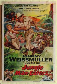 2m518 JUNGLE MAN-EATERS 1sh '54 cool art of Johnny Weissmuller as Jungle Jim fighting cannibals!