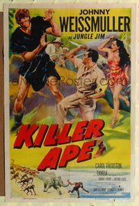 2m523 KILLER APE 1sh '53 cool art of Johnny Weissmuller fighting giant man!