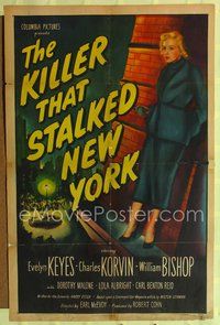 2m524 KILLER THAT STALKED NEW YORK 1sh '50 cool art of Evelyn Keyes standing on a window ledge!