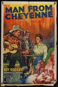 2m556 MAN FROM CHEYENNE 1sh '42 cool art of Roy Rogers with guitar, George 'Gabby' Hayes!
