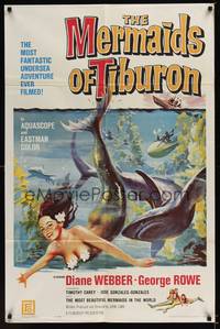 2m568 MERMAIDS OF TIBURON 1sh '62 Diane Webber, underwater art of sexy mermaid & shark!