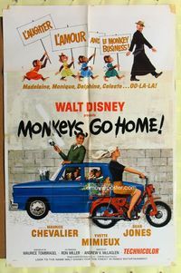 2m580 MONKEYS GO HOME 1sh '67 Disney, art of Maurice Chevalier, Yvette Mimieux & apes!