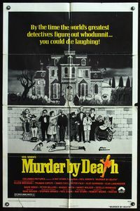 2m585 MURDER BY DEATH 1sh '76 great Charles Addams artwork of cast by dead body & spooky house!
