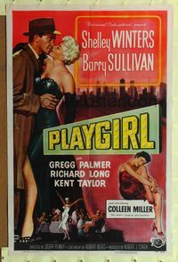 2m643 PLAYGIRL 1sh '54 full-length art of sexy Shelley Winters in dress, Barry Sullivan!