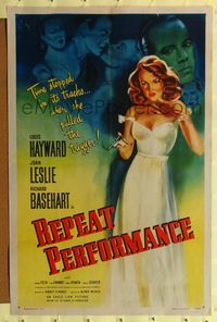2m677 REPEAT PERFORMANCE 1sh '47 great artwork of sexy Joan Leslie in dress with pistol!
