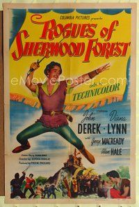 2m691 ROGUES OF SHERWOOD FOREST 1sh '50 art of swashbuckler John Derek as the son of Robin Hood!