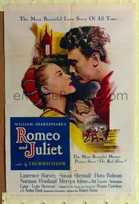 2m693 ROMEO & JULIET 1sh '55 close up of Laurence Harvey romancing Susan Shentall, Shakespeare!