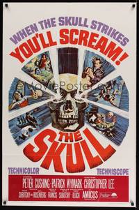 2m733 SKULL 1sh '65 Peter Cushing, Christopher Lee, cool horror artwork of creepy skull!