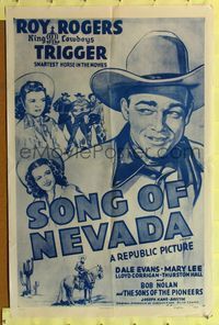 2m755 SONG OF NEVADA 1sh R54 artwork of cowboy Roy Rogers, Dale Evans!
