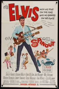2m766 SPINOUT 1sh '66 Elvis playing a double-necked guitar, foot on the gas & no brakes on the fun!