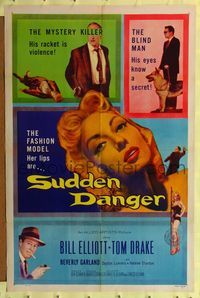 2m816 SUDDEN DANGER 1sh '56 sexy Beverly Garland's lips are danger, William 'Wild Bill' Elliot