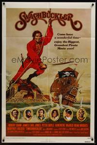 2m837 SWASHBUCKLER 1sh '76 art of pirate Robert Shaw swinging on rope by ship by John Solie!