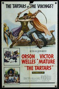 2m864 TARTARS 1sh '61 great artwork of armored Victor Mature battling Orson Welles!