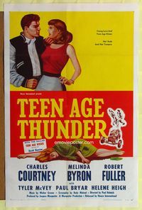 2m871 TEEN AGE THUNDER 1sh '57 art of teen couple, hot rods & hot tempers!
