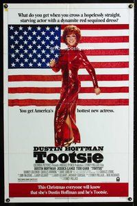 2m903 TOOTSIE advance 1sh '82 full-length Dustin Hoffman in drag by American flag!
